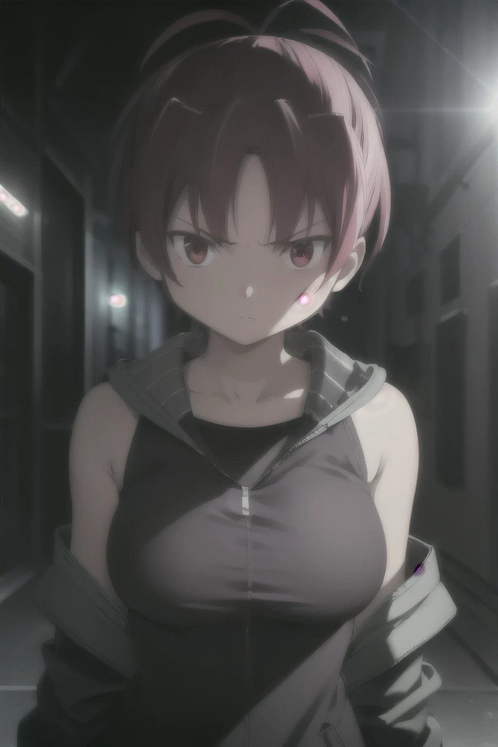 1woman, short red hair, red eyes, serious expression, tomboy, big breasts, athletic, wearing black sci fi coat, tank top, isolated on completely pitch black background, absurdres, high res, ultrasharp, 8K, masterpiece, looking at viewer, HDR, sci-fi, professional, vivid colors, sharp focus, studio lighting, absurdres, bokeh, static