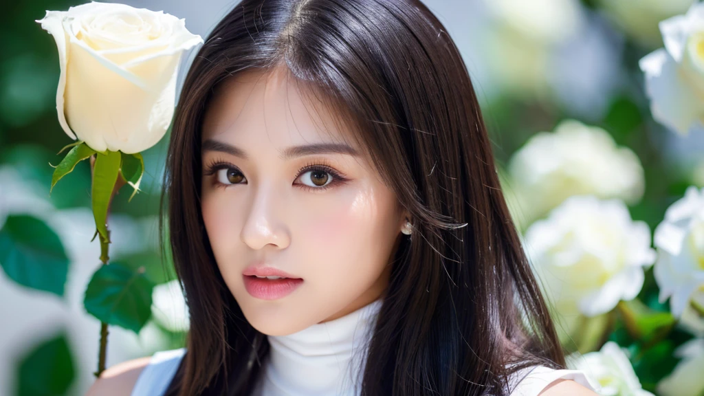 a white rose and female,(detailed face),VIVID,pretty,sleeveless and turtle neck white silky clothes,4k ,super high resolution ,(photo-realistic: 1.7), white background,black long hair,