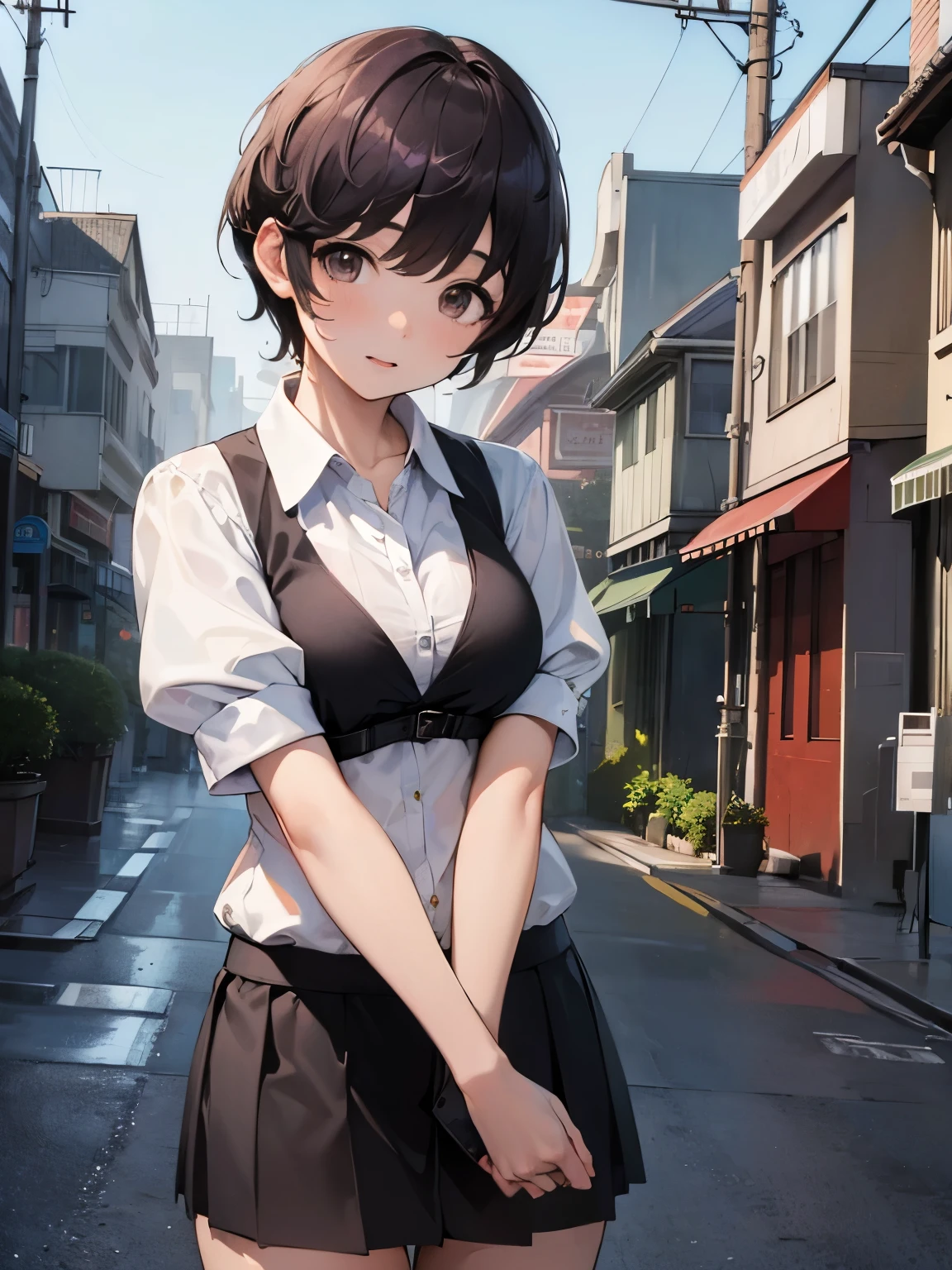 ((masterpiece) (((((Highest quality))))((high resolution))))), Very detailed, Ultra-realistic, 、Black Hair)、、、Open white shirt、Around town、City、Purple Bra、Embarrassed、