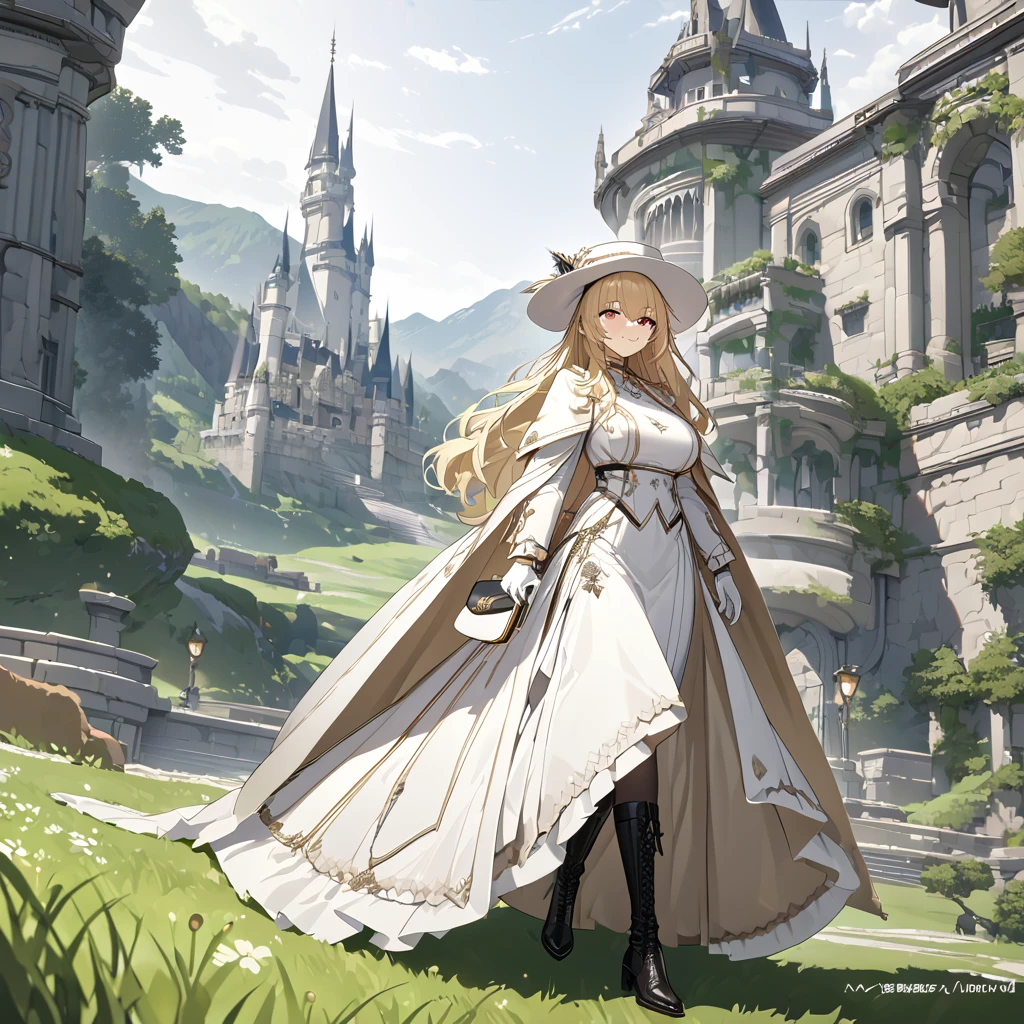 A woman wearing open luxury beige coat, white dress with silver details, black boots, holding a luxury bag, blonde hair, long hair, wearing white madam's hat, red eyes, walking on a platform of a castle with wide view of a grassy terrain with mountains in the background, white gloves, smiling, big breasts,,UHD, prime work, accurate, anatomically correct, textured skin, super details, high quality, best quality, 8k, high resolution, bokeh effect. (woman alone)
