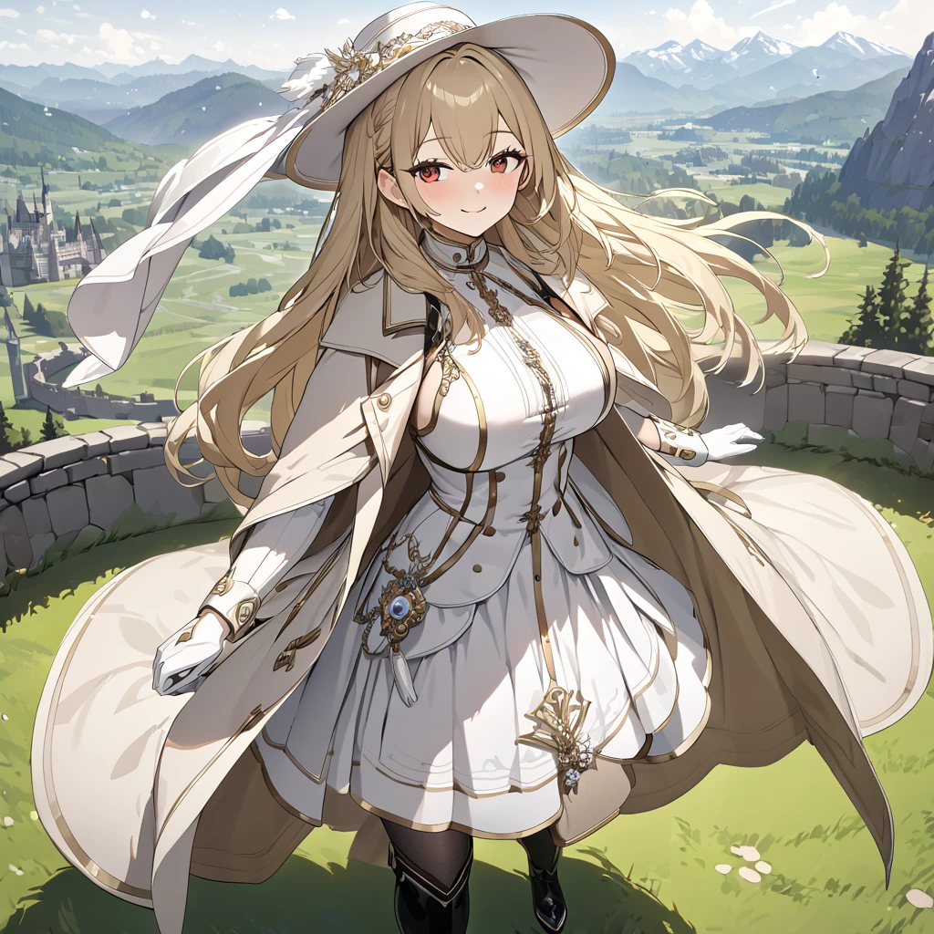 A woman wearing open luxury beige coat, white dress with silver details, black boots, holding a luxury bag, blonde hair, long hair, wearing white madam's hat, red eyes, walking on a platform of a castle with wide view of a grassy terrain with mountains in the background, white gloves, smiling, big breasts,,UHD, prime work, accurate, anatomically correct, textured skin, super details, high quality, best quality, 8k, high resolution, bokeh effect. (woman alone)
