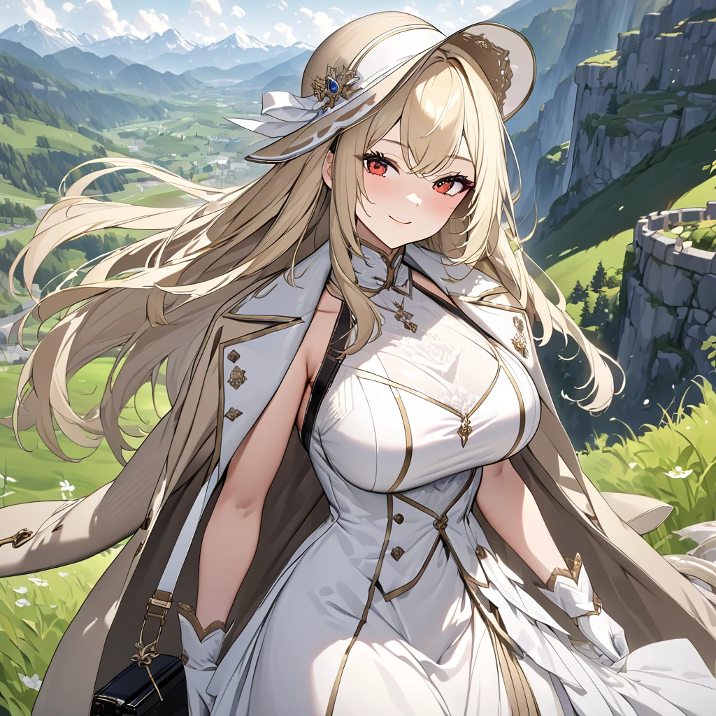 A woman wearing open luxury beige coat, white dress with silver details, black boots, holding a luxury bag, blonde hair, long hair, wearing white madam's hat, red eyes, walking on a platform of a castle with wide view of a grassy terrain with mountains in the background, white gloves, smiling, big breasts,,UHD, prime work, accurate, anatomically correct, textured skin, super details, high quality, best quality, 8k, high resolution, bokeh effect. (woman alone)
