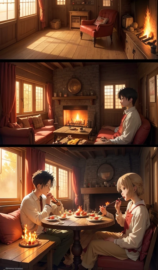 (Anime style:1.5), (highly detailed), (interior of candy house), (warm and inviting), (1 boy and 1 girl eagerly eating sweets at a large candy-covered table), (cozy fireplace with flickering flames), (detailed candy and food all around), (homely and deceptive atmosphere)