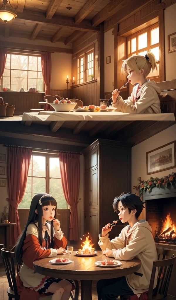 (Anime style:1.5), (highly detailed), (interior of candy house), (warm and inviting), (1 boy and 1 girl eagerly eating sweets at a large candy-covered table), (cozy fireplace with flickering flames), (detailed candy and food all around), (homely and deceptive atmosphere)