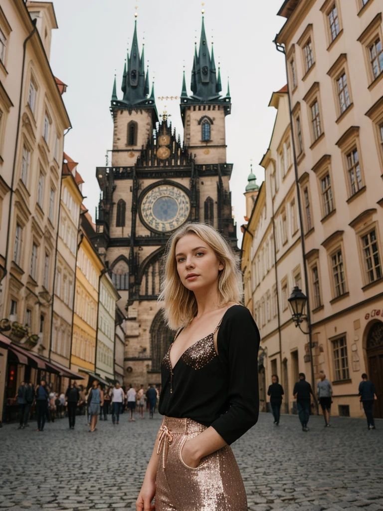 her name is Elle, high quality, 1girl, ((20-year-old fit Caucasian woman)), ((20 years old)), ((fit)), ((pale skin)), short bob blonde hair , wearing Rose Gold Sequin Bralette + High-Waisted Forest Green Silk Joggers, pose: standing, background: Write about the magical view of Prague's Old Town Square at dusk, with its gothic spires, medieval astronomical clock, and the lively buzz of cafes and street performers."