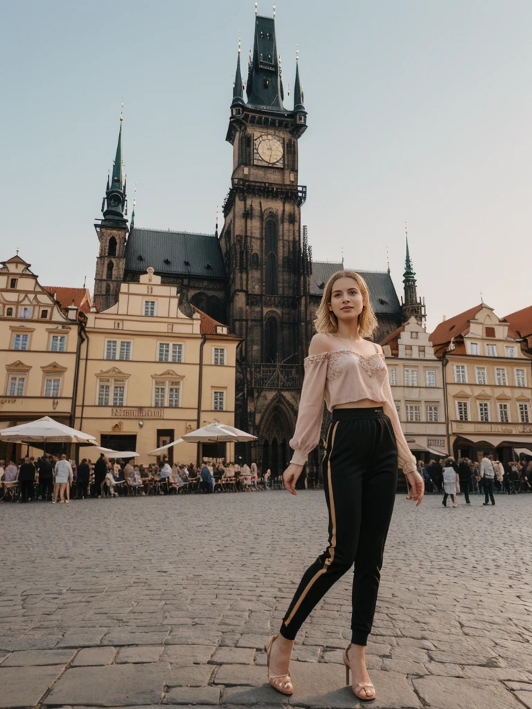 her name is Elle, high quality, 1girl, ((20-year-old fit Caucasian woman)), ((20 years old)), ((fit)), ((pale skin)), short bob blonde hair , wearing Rose Gold Sequin Bralette + High-Waisted Forest Green Silk Joggers, pose: standing, background: Write about the magical view of Prague's Old Town Square at dusk, with its gothic spires, medieval astronomical clock, and the lively buzz of cafes and street performers."