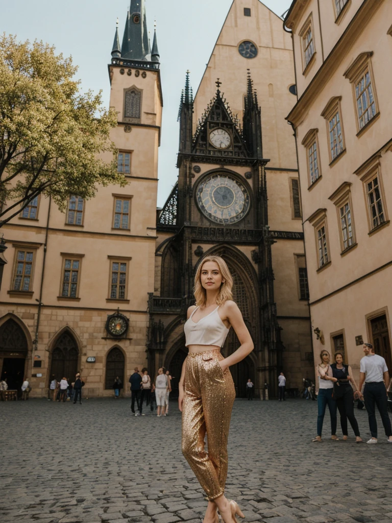 her name is Elle, high quality, 1girl, ((20-year-old fit Caucasian woman)), ((20 years old)), ((fit)), ((pale skin)), short bob blonde hair , wearing Rose Gold Sequin Bralette + High-Waisted Forest Green Silk Joggers, pose: standing, background: Write about the magical view of Prague's Old Town Square at dusk, with its gothic spires, medieval astronomical clock, and the lively buzz of cafes and street performers."