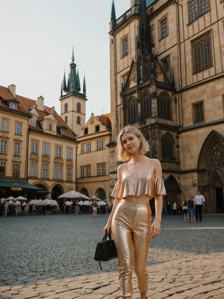 her name is Elle, high quality, 1girl, ((20-year-old fit Caucasian woman)), ((20 years old)), ((fit)), ((pale skin)), short bob blonde hair , wearing Rose Gold Sequin Bralette + High-Waisted Forest Green Silk Joggers, pose: standing, background: Write about the magical view of Prague's Old Town Square at dusk, with its gothic spires, medieval astronomical clock, and the lively buzz of cafes and street performers."