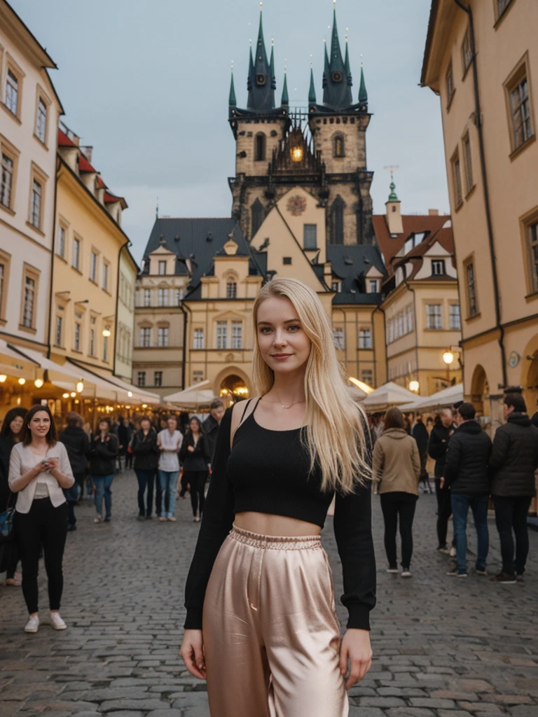 her name is Elle, high quality, 1girl, ((20-year-old fit Caucasian woman)), ((20 years old)), ((fit)), ((pale skin)), short bob blonde hair , wearing Rose Gold Sequin Bralette + High-Waisted Forest Green Silk Joggers, pose: standing, background: Write about the magical view of Prague's Old Town Square at dusk, with its gothic spires, medieval astronomical clock, and the lively buzz of cafes and street performers."