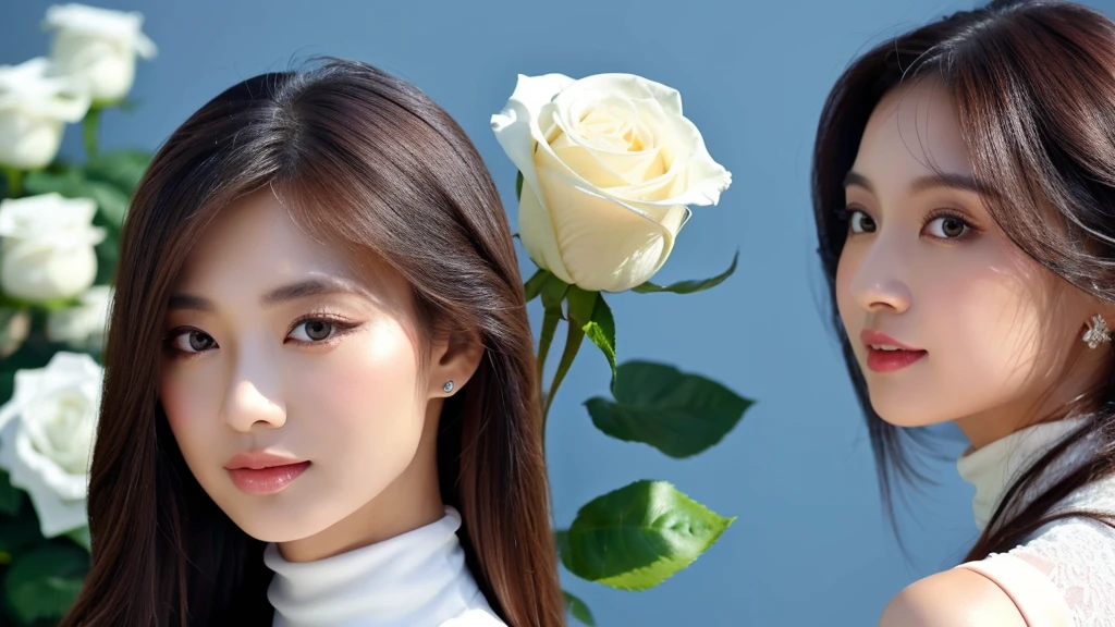a white rose and female,(detailed face),VIVID,pretty,sleeveless and turtle neck white silky clothes,4k ,super high resolution ,(photo-realistic: 1.7), white background,black long hair,