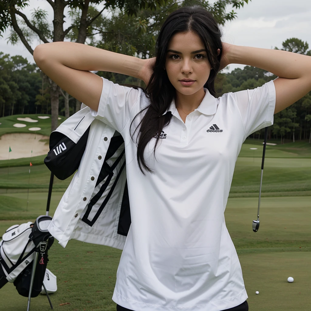 white woman, black hair, in a golf club