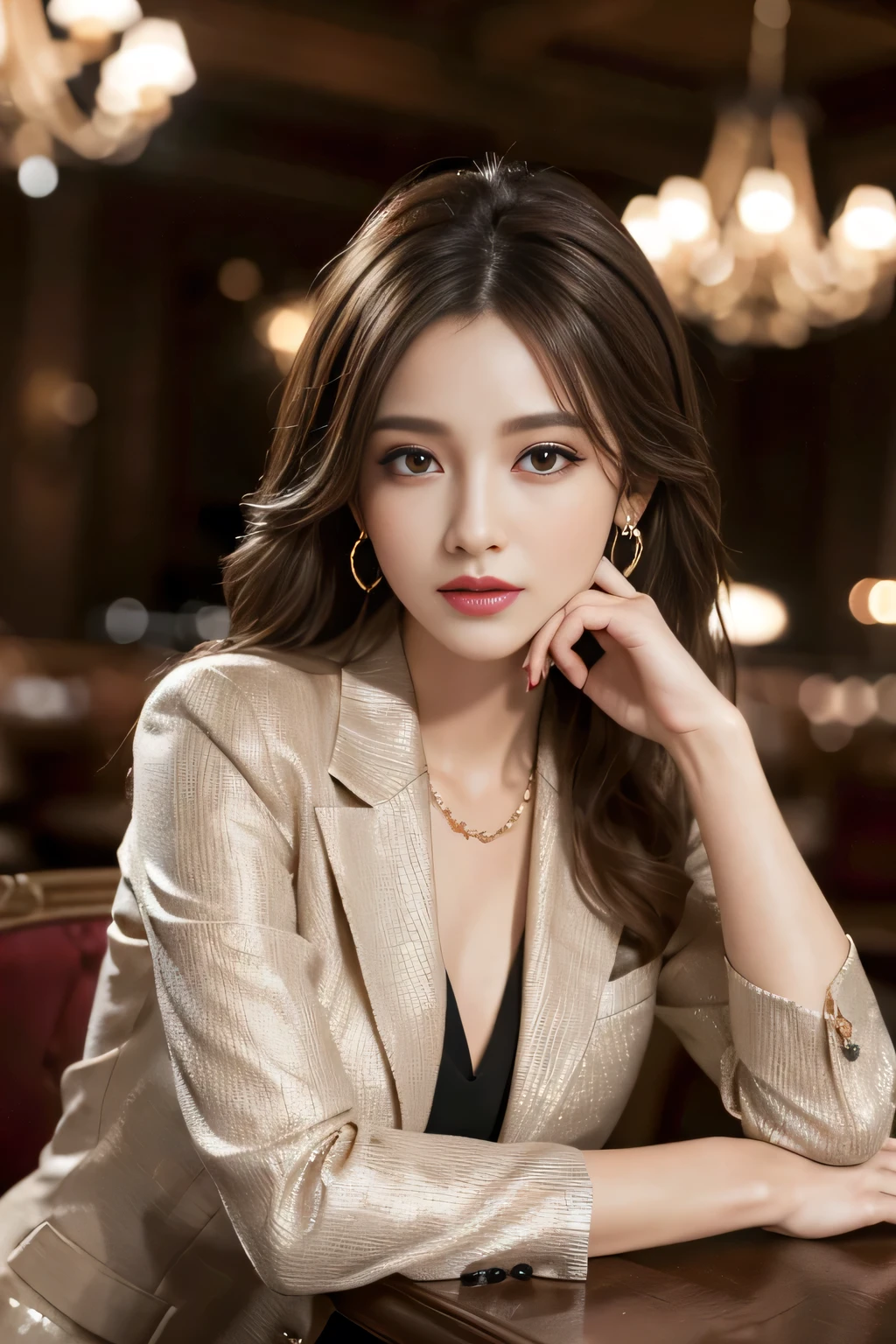 masterpiece, Highest quality, Realistic, Very detailed, Finer details, High resolution, 8k wallpaper, One beautiful woman,Wear a nice suit, In a great restaurant, At night, Light brown messy hair, Perfect dynamic composition, Beautiful and beautiful eyes、Big earrings、Sit on a chair