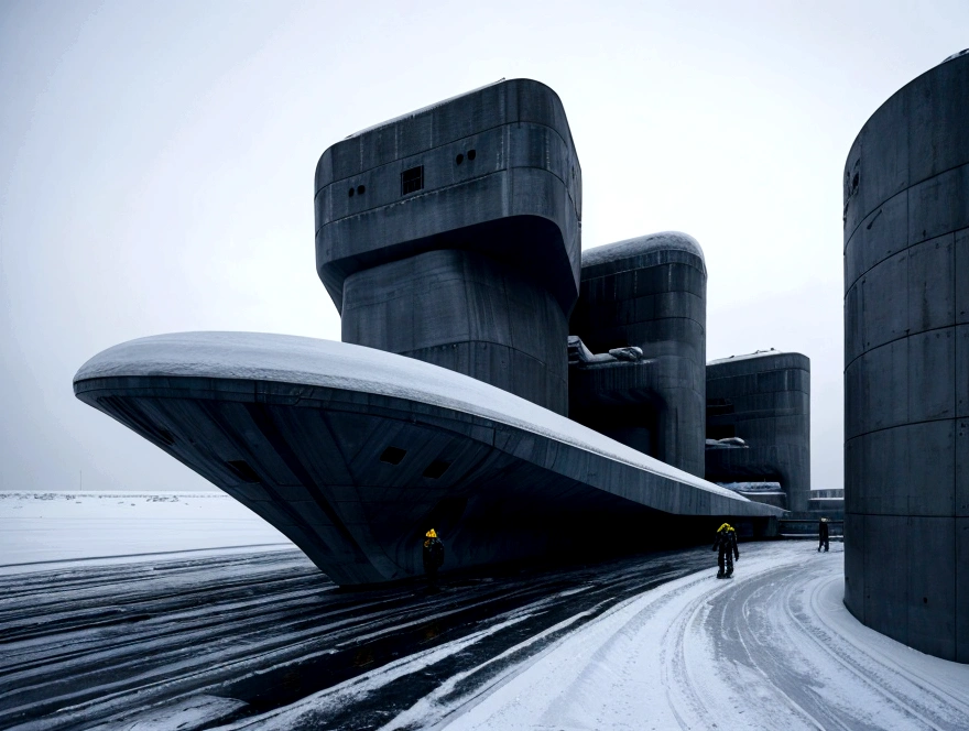 On a frozen planet, an alien spaceship of futuristic design fighter and organic fighter is parked on the icy surface. The ship has an imposing structure with curved shapes, Several alien crew members are descending an extended ramp from the ship with spacesuits adapted to the icy environment., showing advanced and incomprehensible technologies. In the background, a brutalist minimalist concrete station is erected. The station has straight and robust lines, with a solid and monolithic appearance, contrasting with the icy surroundings. The structure is simple but imposing. cinematic lighting, very high resolution, 4K hyper realistic image
