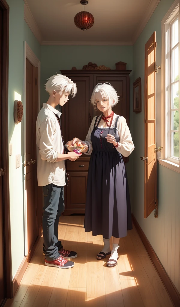 (Anime style:1.5), (highly detailed), (kind-looking old woman appearing from a side room), (white hair and red eyes), (gentle smile), (interior of the candy house), (offering more sweets to 1 boy and 1 girl), (warmly lit interior), (subtle hints of something sinister in the background), (walls made of gingerbread and candy), (sweets and treats all around)