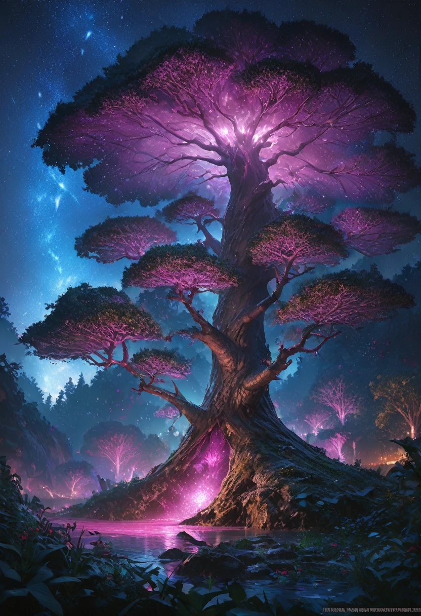 1girl, detailed beautiful fantasy magical plant forest, starry night sky, dark mystical background, glowing purple red lights, world tree yggdrasil, (best quality,4k,8k,highres,masterpiece:1.2),ultra-detailed,(realistic,photorealistic,photo-realistic:1.37),intricate details,concept art,digital painting,highly detailed,cinematic lighting,dramatic lighting,vibrant colors,dramatic contrast