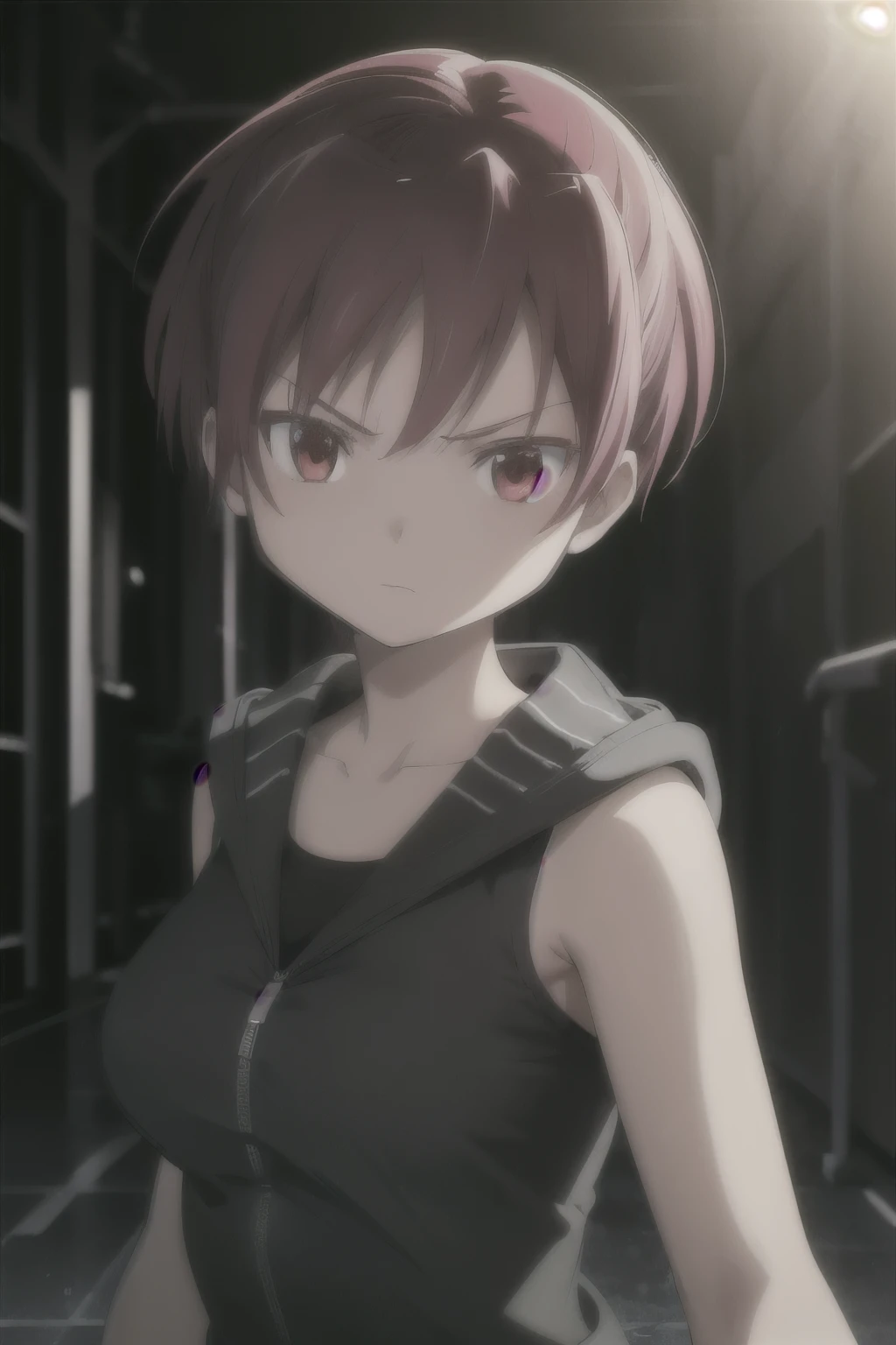 1woman, short red hair, red eyes, serious expression, tomboy, big breasts, athletic, wearing black sci fi coat, tank top, isolated on completely pitch black background, absurdres, high res, ultrasharp, 8K, masterpiece, looking at viewer, HDR, sci-fi, professional, vivid colors, sharp focus, studio lighting, absurdres, bokeh, static