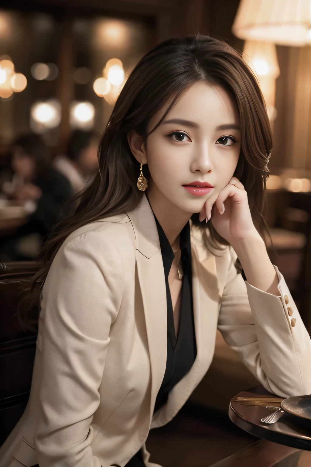 masterpiece, Highest quality, Realistic, Very detailed, Finer details, High resolution, 8k wallpaper, One beautiful woman,Wear a nice suit, In a great restaurant, At night, Light brown messy hair, Perfect dynamic composition, Beautiful and beautiful eyes、Big earrings、Sit on a chair
