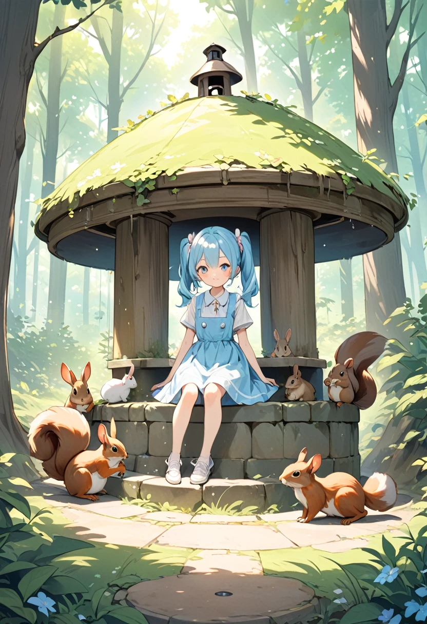 An old well in the forest, a beautiful girl with long light blue hair and twin tails, and rabbits and squirrels around the well.