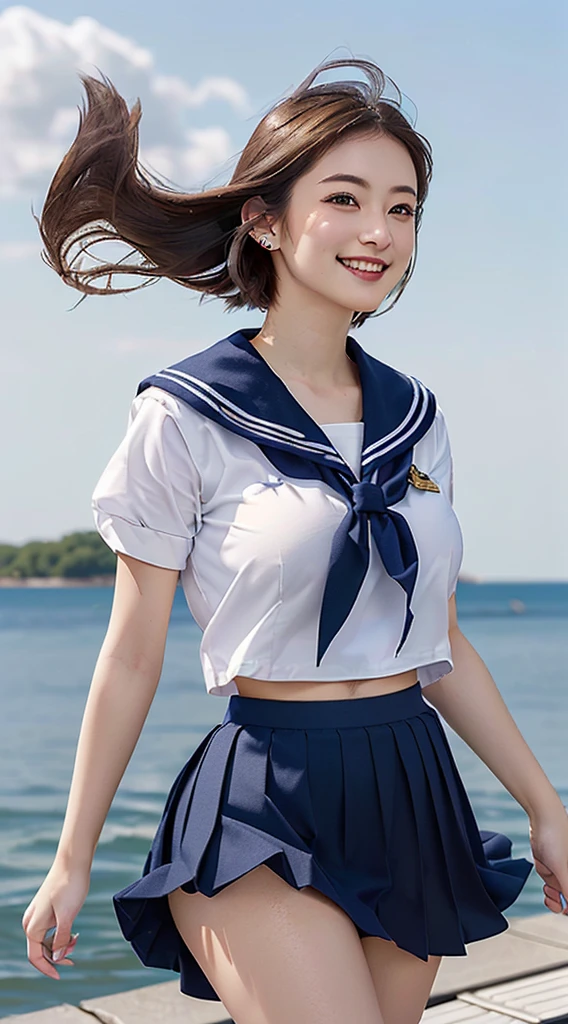 (in 8K、high resolution、best quality、Virtual image、masseuse piece、Ultra-high resolution、Highest quality:1.1),(18 years old:1.1)(High school girl、sailor suit、Navy pleated skirt、Golden T-back、Focus on the entire chest、The chest is quite large.、Beautiful big breasts、toned body:1.3)(short hair brown hair、Japanese cute women、Brown skin with a beautiful tan.、shape々stance:1.23)、cute smile(The skirt is windy.、The petticoat swayed in the breeze.:1.5), (not wearing underwear)