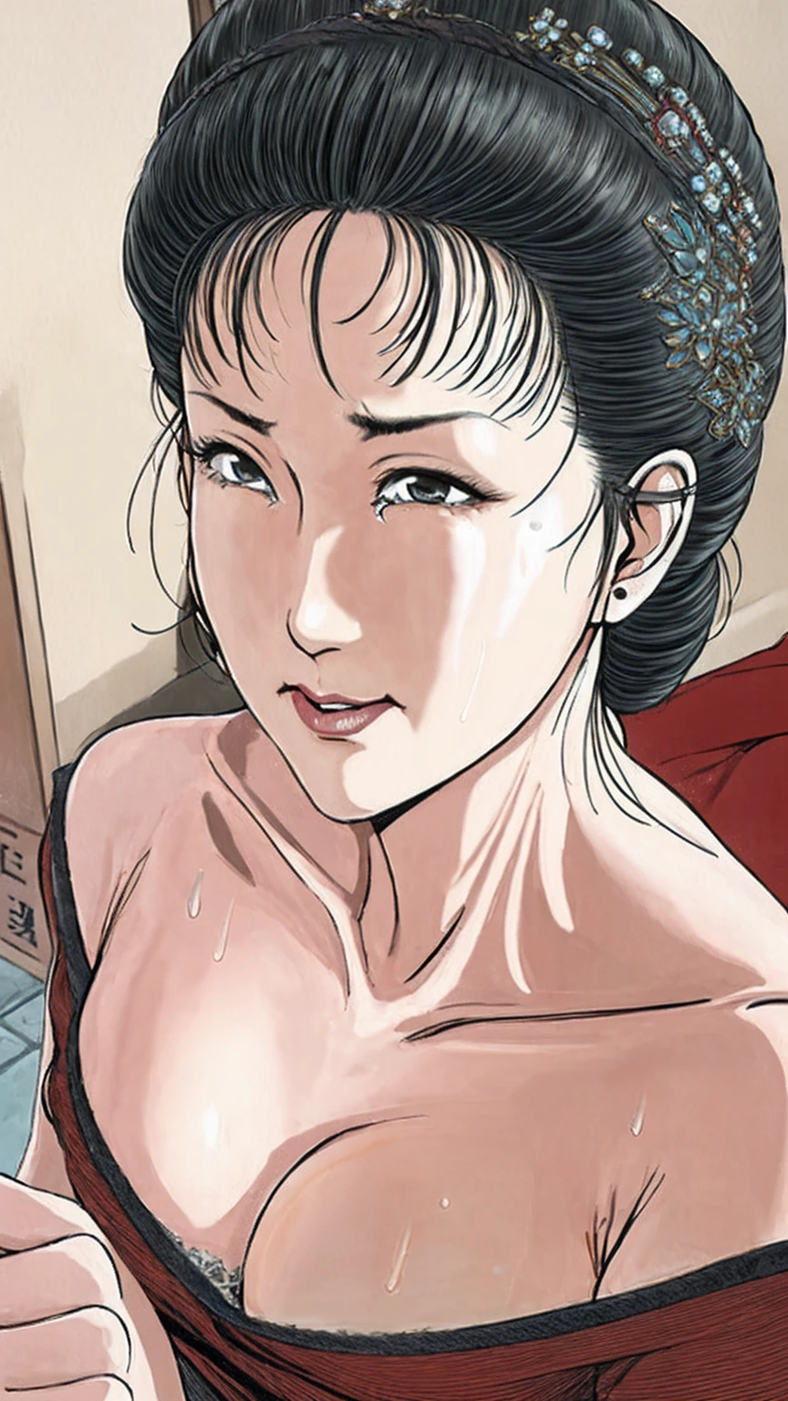 (best quality), (very aesthetic), (ultra-detailed), (best illustration),(a mature female),(perfect face),Suikoden,Mrs. Lin,(((NSFW))),((full_body)),((full_Nude)),(crying),red cheek,sweating,skinny,flushed skin,(Woman with pubic hair),(standing),(Undressing),traditional Chinese bedroom,After vaginal 