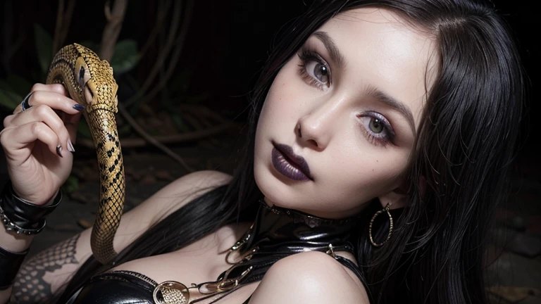 Wonderful woman gothic fair skin goddess dressed as a queen with a snake around her. black lipstick. Lilith perfect face