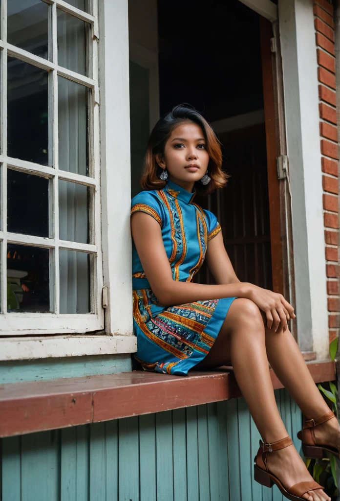 (establishing shot view :1.1), pretty malay girl wearing 1970s attire and haircut, sitting on a window of a house, stunning,dynamic angle,hyper-realistic,highly detailed,lightroom,(motion blur),iso 150,dramatic lighting,((psychedelic)),natural lighting,vibrant,dramatic expressive background,intricate detail,