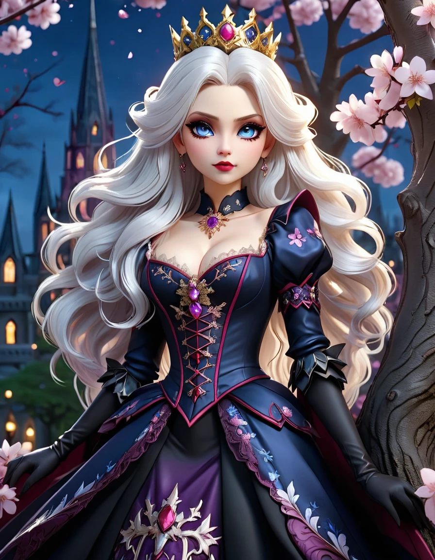 Close-up, cute vampire queen (leaning on tree:1.2) of Sakura, extravagant noble dress, (high sharp boots:1.2), (big crown:1.2), (intricate Gothic spires in night background), flowing white hair, sparkling sapphire eyes, masterpiece in maximum 16K resolution, superb quality, ultra detailed.