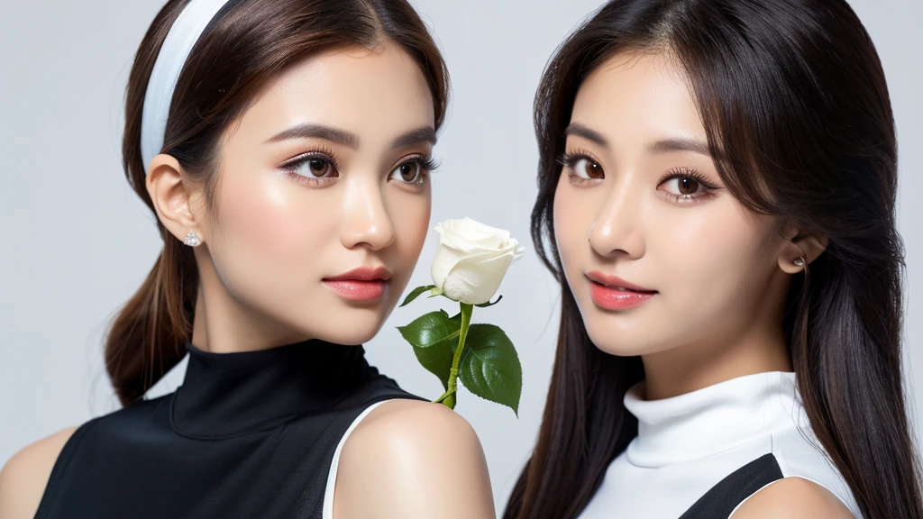 a white rose and female,(detailed face),VIVID,pretty,sleeveless and turtle neck white silky clothes,4k ,super high resolution ,(photo-realistic: 1.7), white background,black long hair,