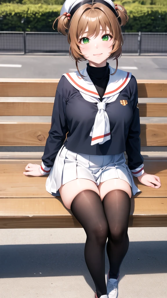 masterpiece, best quality, highres, kinomoto sakura, 1girl, brown hair, short hair, antenna hair, two side up, hair bobbles, green eyes, , white sailor collar, black shirt, long sleeves, white skirt, pleated skirt, sitting, eating, outdoors, bench, food, leaf, (masterpiece, best quality: 1.2),(very detailed face, real image, realistic skin, realistic body, intricate details),1 woman, Kinomoto Sakura, brown hair, alone, skirt, green eyes, Short hair, have, white skirt, white hat, Magic Girl, Antenna hair, laugh, serafuku, pleated skirt, dehisce, looking at viewer, cowboy shot, long sleeves, star (symbol), muffler, lie down in bed with both arms extended above the head and placed behind the pillow, anime girl lying down, expose plump breasts, whole body, plump thighs, Natural Pose, beautifully, cute, Fix errors without any awkwardness, tall, I have long legs, Wearing (tomoeda_초등school_school_Uniform),black top, tennis mini skirt,cry in shame, wearing white ankle socks, random sexy poses