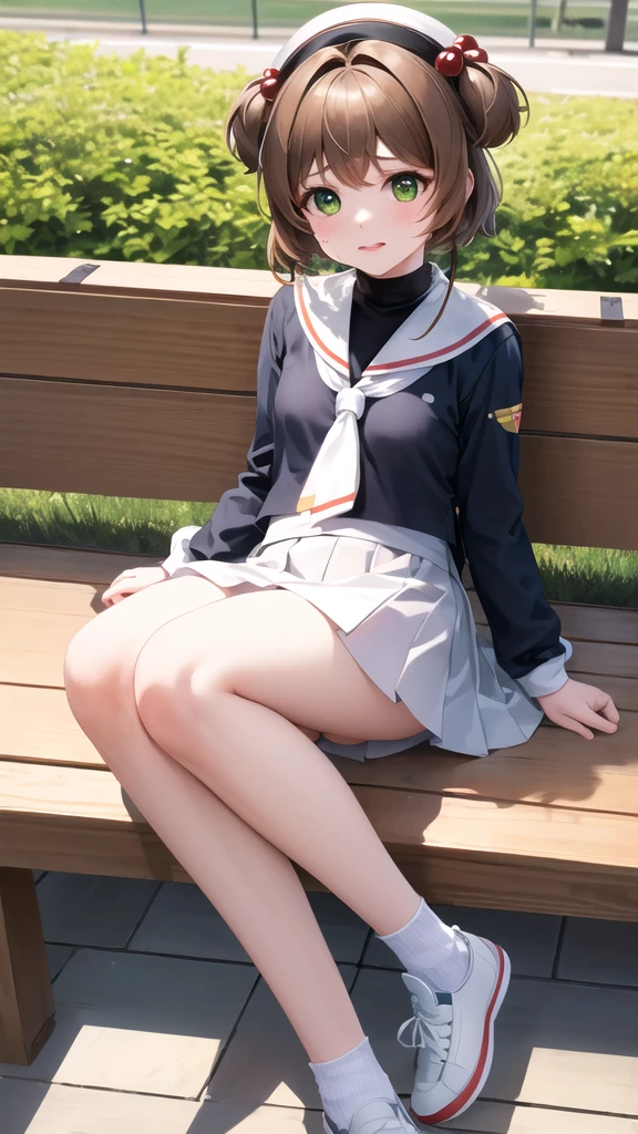 masterpiece, best quality, highres, kinomoto sakura, 1girl, brown hair, short hair, antenna hair, two side up, hair bobbles, green eyes, , white sailor collar, black shirt, long sleeves, white skirt, pleated skirt, sitting, eating, outdoors, bench, food, leaf, (masterpiece, best quality: 1.2),(very detailed face, real image, realistic skin, realistic body, intricate details),1 woman, Kinomoto Sakura, brown hair, alone, skirt, green eyes, Short hair, have, white skirt, white hat, Magic Girl, Antenna hair, laugh, serafuku, pleated skirt, dehisce, looking at viewer, cowboy shot, long sleeves, star (symbol), muffler, lie down in bed with both arms extended above the head and placed behind the pillow, anime girl lying down, expose plump breasts, whole body, plump thighs, Natural Pose, beautifully, cute, Fix errors without any awkwardness, tall, I have long legs, Wearing (tomoeda_초등school_school_Uniform),black top, tennis mini skirt,cry in shame, wearing white ankle socks, random sexy poses