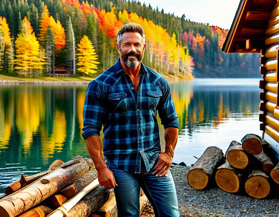 A handsome rugged man with big muscles, short random colored hair, well-manicured beard and mustache and big blue eyes. Wearing blue jeans and a flannel shirt. Chopping wood in front of a luxury log cabin next to a magnificent lake with a boat dock. It is Autumn and the trees are turning bright red, orange and yellow. Style of (Muscle Core:1.6). (Distant full body view:1.5). Hyper realistic photo, vibrant colors, 16k