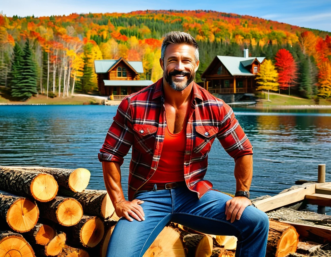 A handsome rugged man with big muscles, short random colored hair, well-manicured beard and mustache and big blue eyes. Wearing blue jeans and a flannel shirt. Chopping wood in front of a luxury log cabin next to a magnificent lake with a boat dock. It is Autumn and the trees are turning bright red, orange and yellow. Style of (Muscle Core:1.6). (Distant full body view:1.5). Hyper realistic photo, vibrant colors, 16k