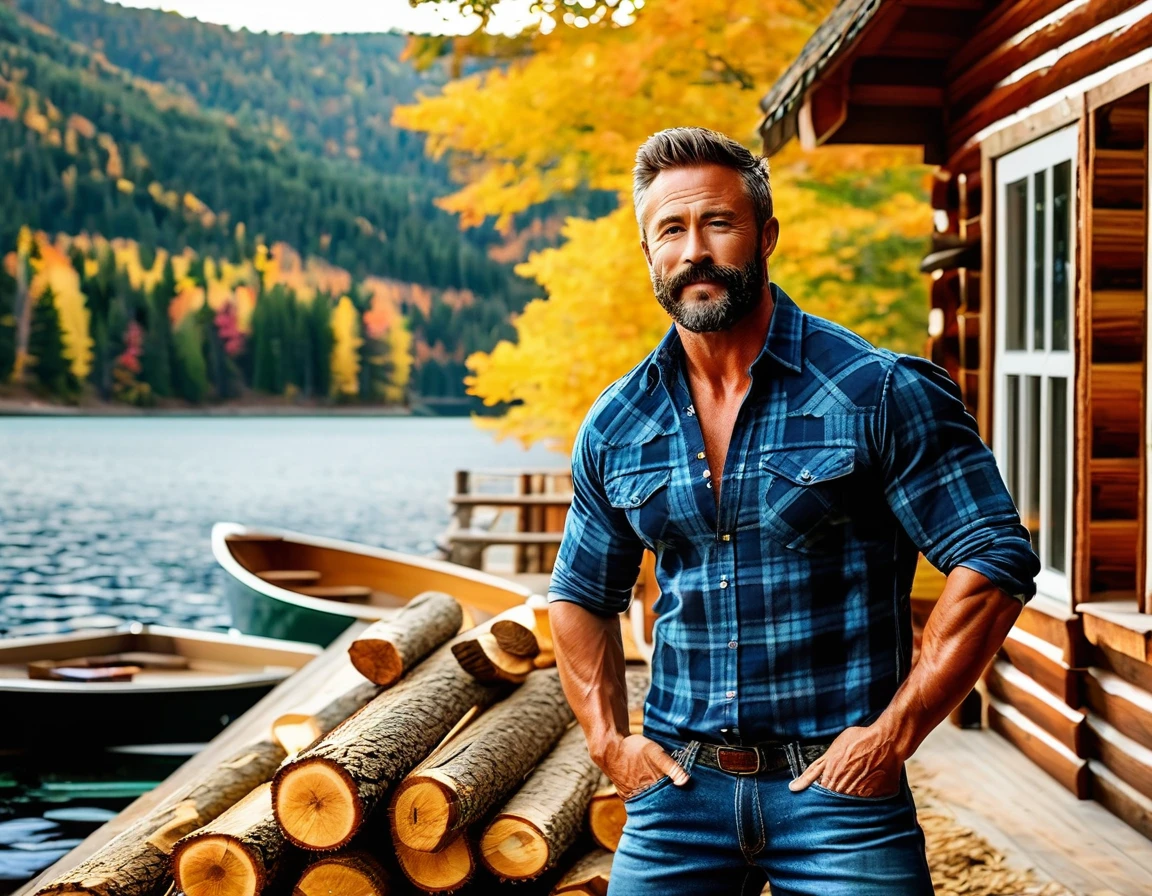 A handsome rugged man with big muscles, short random colored hair, well-manicured beard and mustache and big blue eyes. Wearing blue jeans and a flannel shirt. Chopping wood in front of a luxury log cabin next to a magnificent lake with a boat dock. It is Autumn and the trees are turning bright red, orange and yellow. Style of (Muscle Core:1.6). (Distant full body view:1.5). Hyper realistic photo, vibrant colors, 16k