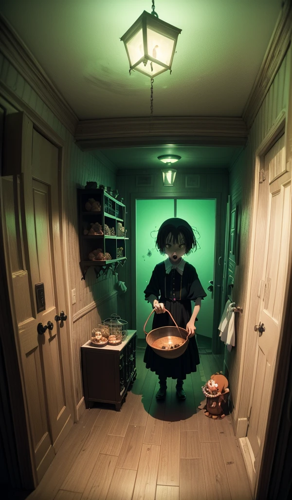 (Anime style:1.5), (highly detailed), (ung boy trapped in a wooden cage), (frightened expression), (evil and creepy old woman stirring a bubbling cauldron), (eerie green light illuminating the room), (dark and twisted interior of the candy house), (dark and ominous atmosphere with shadows dancing on the walls), (walls made of gingerbread and candy), (sweets and treats all around), (sense of impending danger)