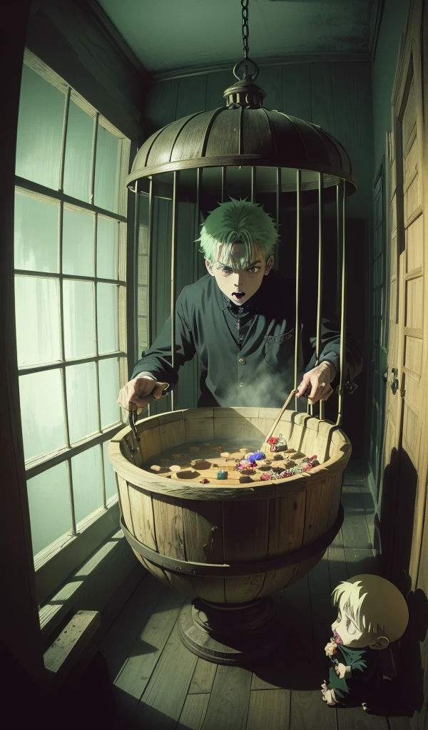 (Anime style:1.5), (highly detailed), (1 young boy trapped in a wooden cage), (frightened expression), (evil and creepy old woman stirring a bubbling cauldron), (eerie green light illuminating the room), (dark and twisted interior of the candy house), (dark and ominous atmosphere with shadows dancing on the walls), (walls made of gingerbread and candy), (sweets and treats all around), (sense of impending danger)