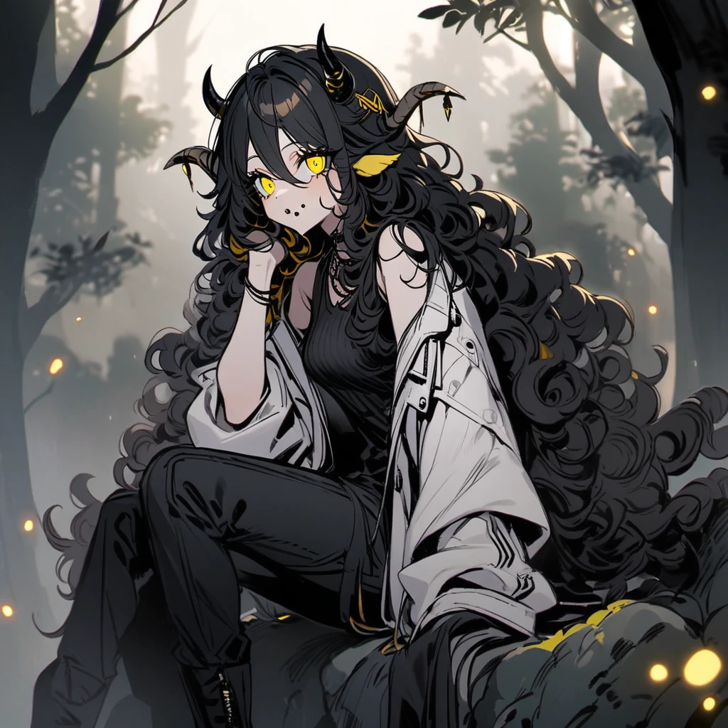 woman, tail, sheep's ears and horns, curly hair down to black shoulders, yellow eyes, mouth piercing, loose black shirt, white jacket with black details, black pants, black boots.woman, tail, sheep's ears and horns, curly hair black up to the shoulders, yellow eyes, mouth piercing, loose black shirt, white jacket with black details, black pants, black boots. sitting on a rock in a forest.