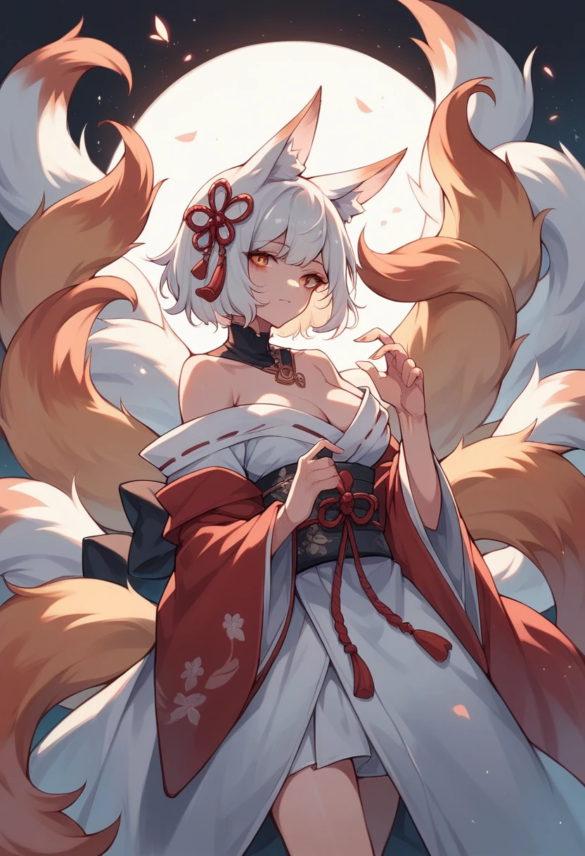 Anime girl, kitsune features, off shoulder robes, nine tails, fox ears