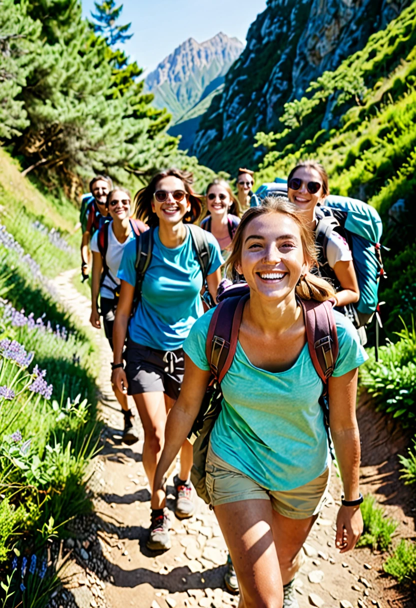Group of happy backpackers trekking on a sunny day. Young tourists traveling and enjoying active summer holidays. Smiling woman looking at the camera and waving walking down a hiking trail with friends  