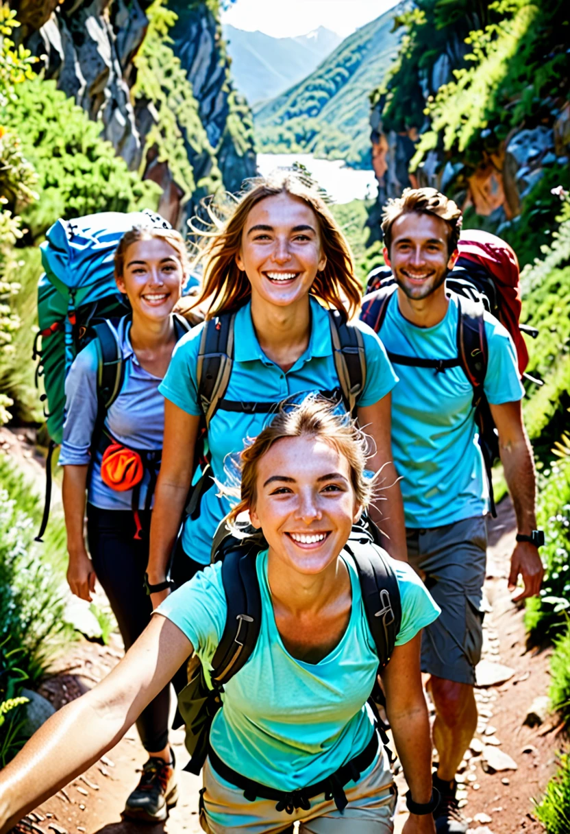Group of happy backpackers trekking on a sunny day. Young tourists traveling and enjoying active summer holidays. Smiling woman looking at the camera and waving walking down a hiking trail with friends  