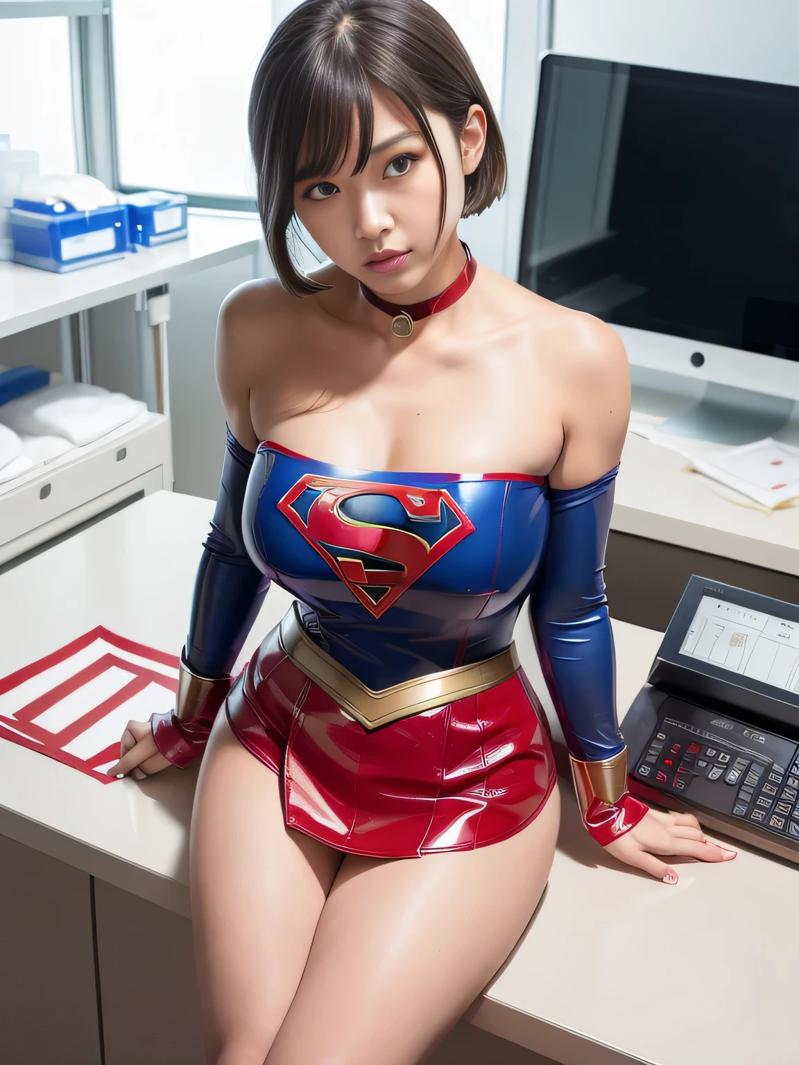 masterpiece、Supergirl Costume、short hair、operating table、Patent leather boots、Big and ample breasts、choker、Long sleeve、Red mini skirt、Looking at the camera、Research Room、Messy lab equipment、Inspection equipment、Medical equipment、Medical practice、Physical examination、latex、Alluring、Weekly magazine cover、Off the shoulder、Beautiful Body、Full body portrait、