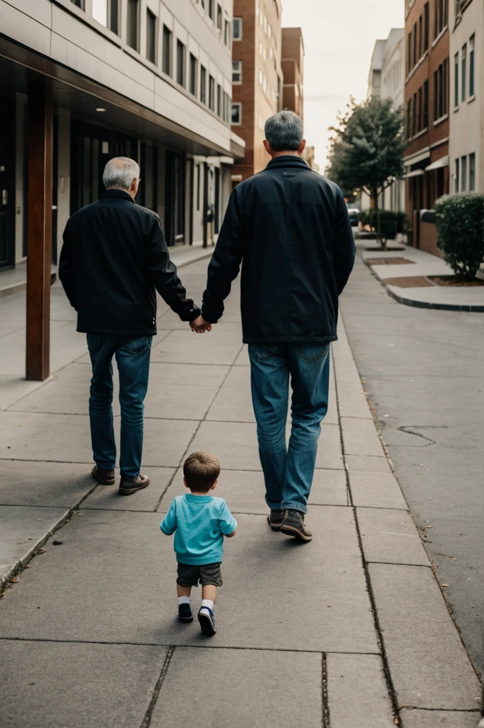 Boy with his grandfather,walking down the sidewalk holding hands