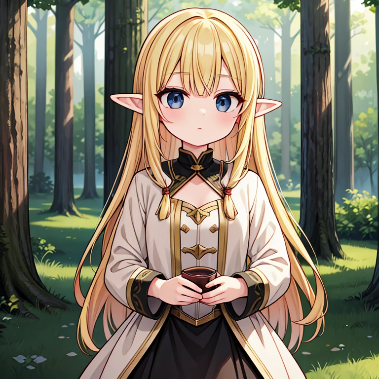 An adult elf with blonde hair and black eyes, she is in a forest