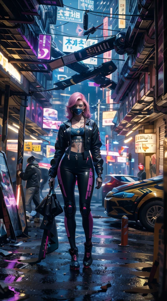 work of art, maximum quality, ultra high resolution, 8K, A girl,Beauthfull,21 years old,skin fair, extremely pretty,strong look, standing alone,bust portrait,cyberpunk outfit, extreme detailed face, detailedeyes, mischievous grin, happy, photo realist, totally realistic, human skin, studio lighting,golden ratio body, Broad Hips,perfect legs, big-ass,pink hair,rhombus stripe,blue and white clothes,D cup breasts,in the cyberpunk city,cyberpunk city background,((natta)),Raby,tattoo's,Combat posture,cyborg,mechanical mask