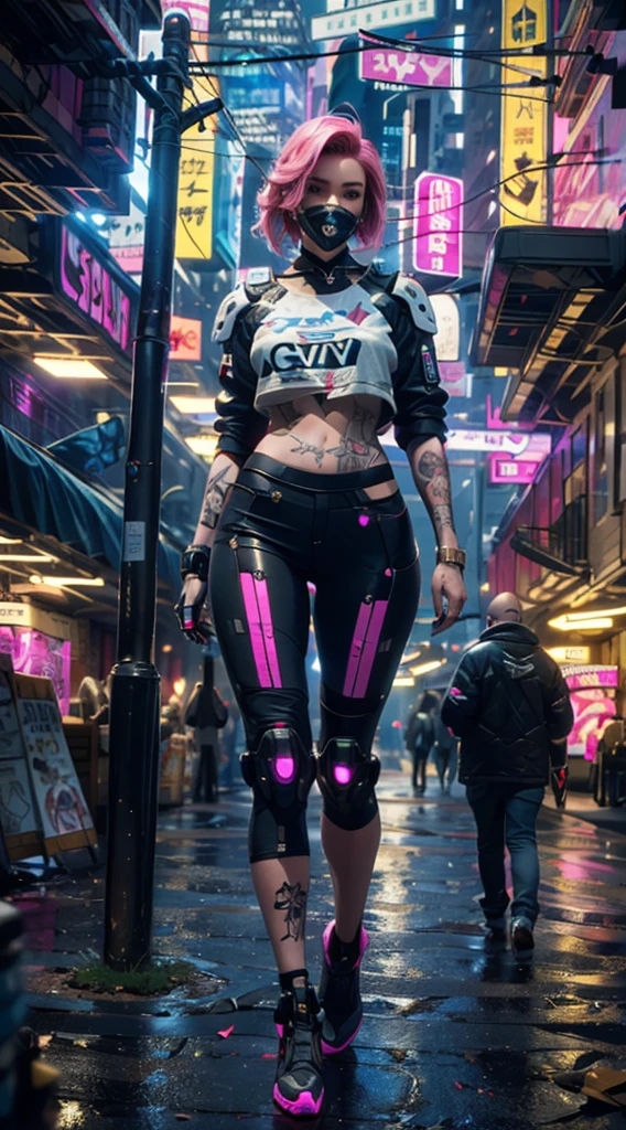 work of art, maximum quality, ultra high resolution, 8K, A girl,Beauthfull,21 years old,skin fair, extremely pretty,strong look, standing alone,bust portrait,cyberpunk outfit, extreme detailed face, detailedeyes, mischievous grin, happy, photo realist, totally realistic, human skin, studio lighting,golden ratio body, Broad Hips,perfect legs, big-ass,pink  hair,rhombus stripe,blue and white clothes,D cup breasts,in the cyberpunk city,cyberpunk city background,((natta)),Raby,tattoo's,Combat posture,cyborg,mechanical mask