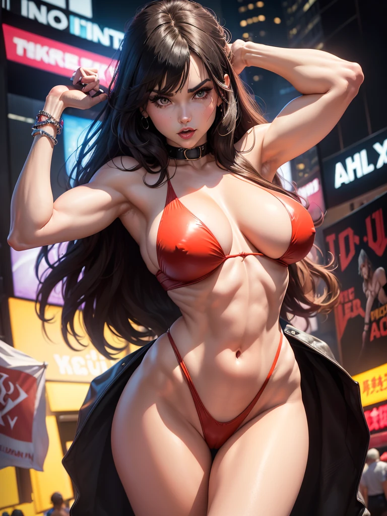 In New York, time Square, Vampirella is a fictional vampire superheroine created by Americans Forrest J Ackerman and Trina Robbins, in the horror comic strip Vampirella #1, beautiful perfect face, Vampirella coming from the planet Drakulon, a world where blood ran like water and where the natives, called Vampire, shared traditionally vampiric characteristics. begins when an American space shuttle collides with Drakulon. she travels to Earth, where he begins to hunt for dark remnants of his own race. Earth's vampires originate from Dracula, a forgotten member of the Vampiri race who left his home world centuries ago only to be corrupted by the demonic entity known as Chaos.
In New York, time Square, (athletic body: 1.4), (hanging breasts: 1.3), (full breasts: 1.4), (真实感: 1.5), (realisitic: 1.4), (absurdrez: 1.4), 8K, ultra detaild, beautiful detailed woman, (Only One: 1.4), 1 girl, (facing viewer: 1.2),