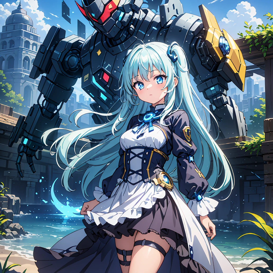 Anime, 2 Characters, (1 Little Anime Girl, Silver Blue Hair, blue glowing star-shaped eyes); (1 Robot, Mech, Tall, Cape, Luminous Eyes, Chunky, Fantasy, Lights, outdated, old style, bronze silver), Nature, Biomes with mountains