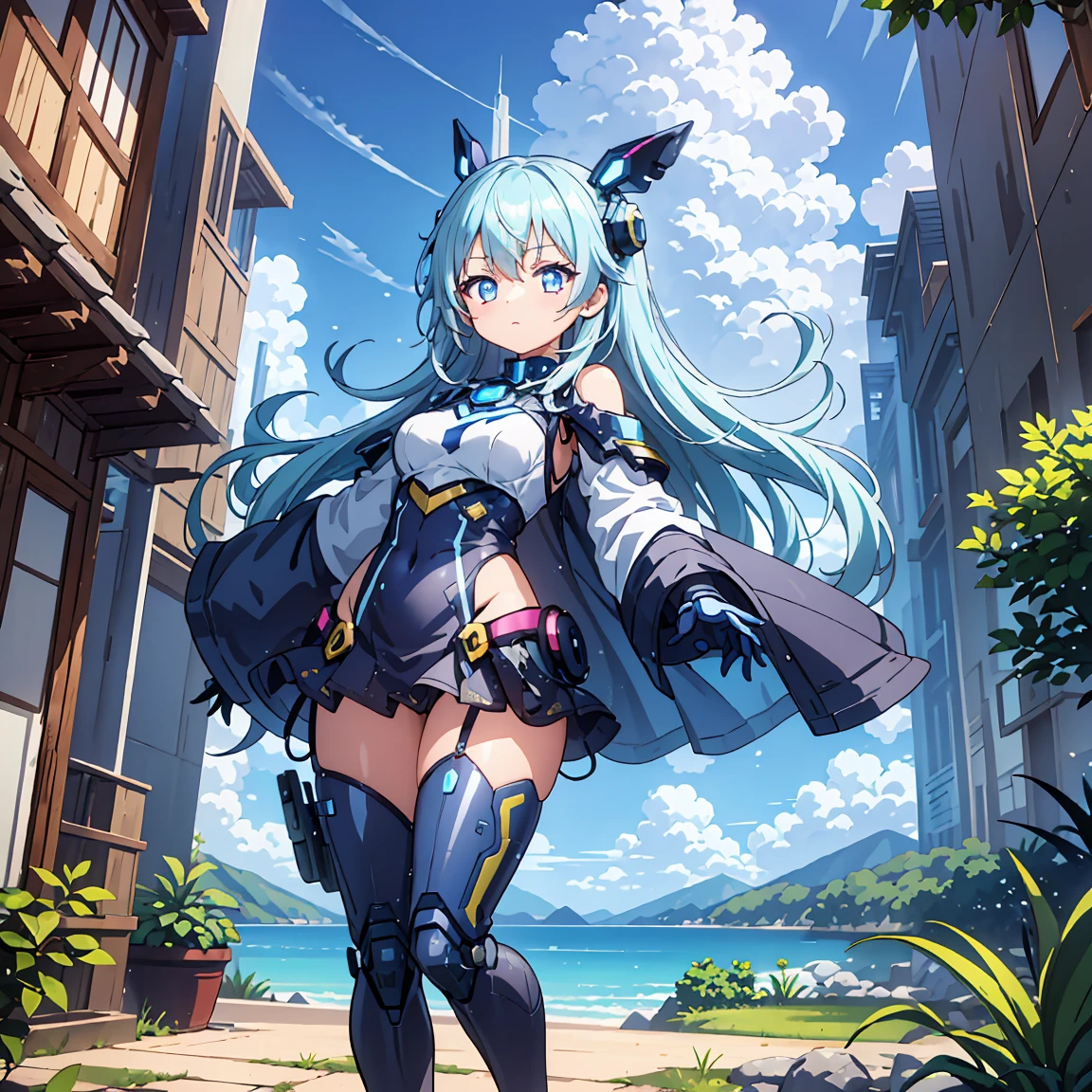 Anime, 2 Characters, (1  Anime Girl, Silver Blue Hair, blue glowing star-shaped eyes); (1 Robot, Mech, Tall, Cape, Luminous Eyes, Chunky, Fantasy, Lights, outdated, old style, bronze silver), Nature, Biomes with mountains