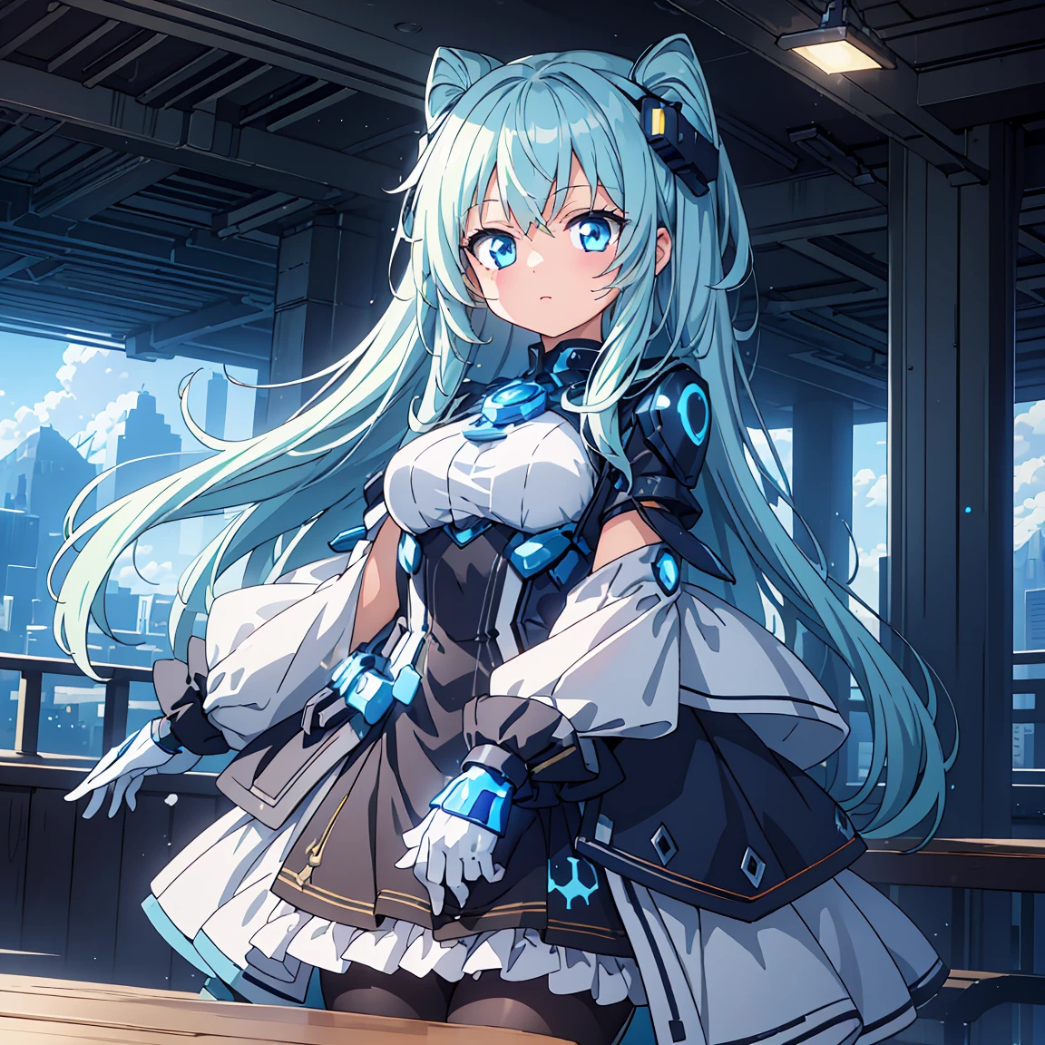 Anime, 2 Characters, (1 Little Anime Girl, Silver Blue Hair, blue glowing star-shaped eyes); (1 Robot, Mech, Tall, Cape, Luminous Eyes, Chunky, Fantasy, Lights, outdated, old style, bronze silver), Nature, Biomes with mountains