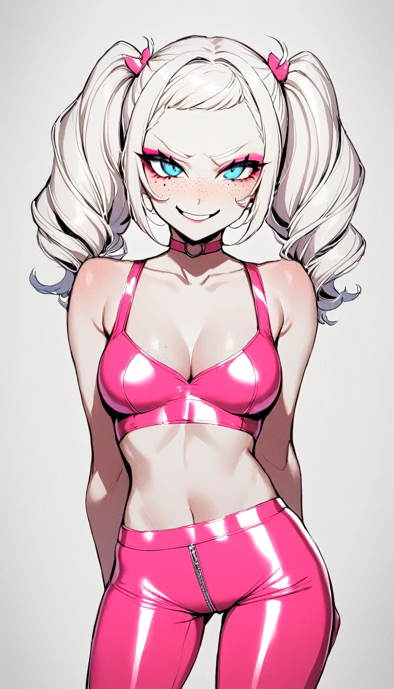 1 Girl, Neon Pink Crop Top , Neon Pink Latex Pants, Medium Breasts, Blue Eyes, Platinum White Hair, Twin Tail Hair Style, Pale White Skin, Smooth Skin, Face Freckles, Nice Cleavage, Slutty, Sexy, Sassy, Smirking, Tease, Teasing