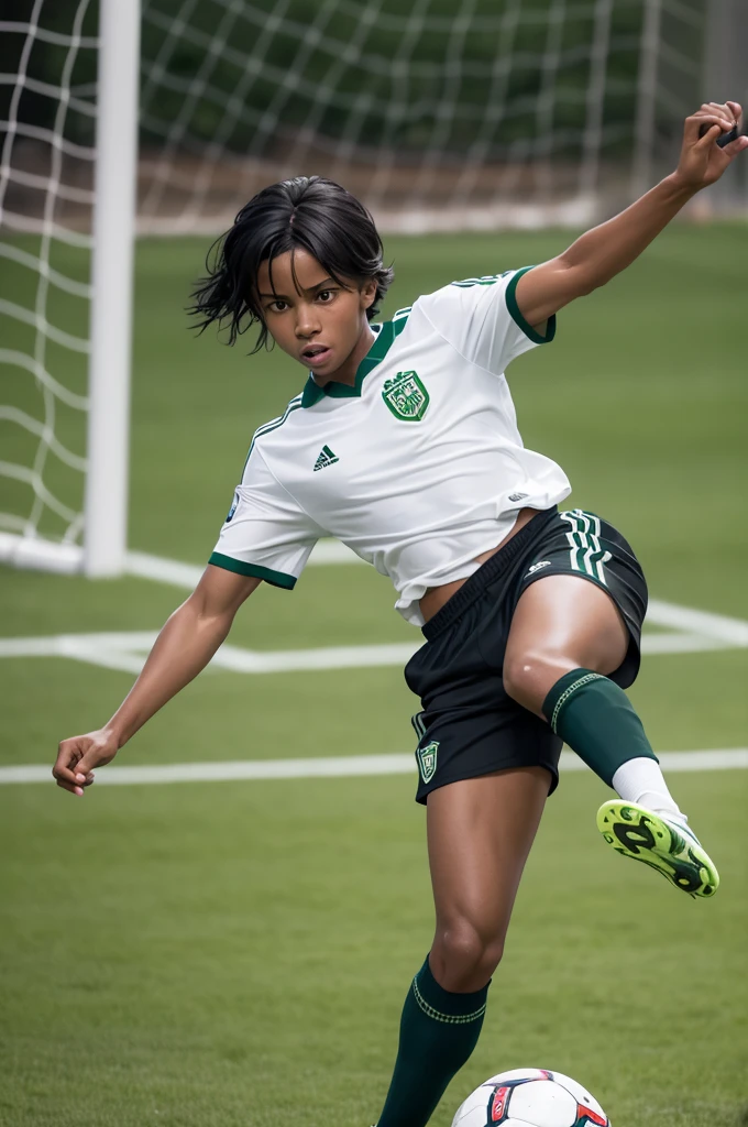 Create a brown-skinned soccer player with black hair, wearing a uniform with a white shirt and green shorts with "GOL" written on it, kicking a ball towards the goal with spin.